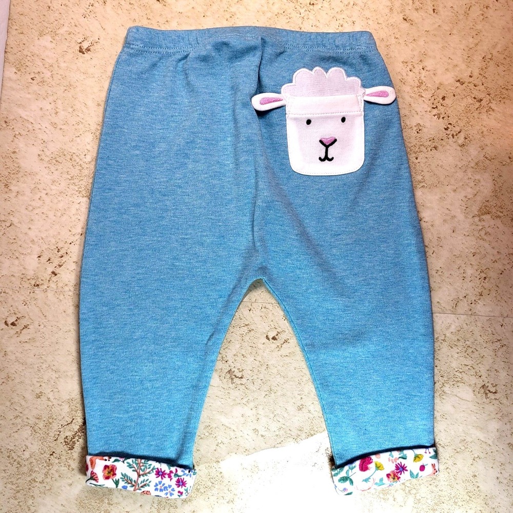 Joules Grove Ocean Blue Pant‎ Floral Print Cuff Sheep Pocket Organic 6-9 month - Picture 2 of 10